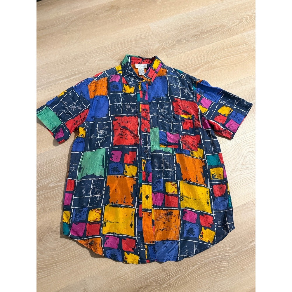 K Arnold Vtg 90s Silk Blue‎ Vibrant Aloha Shirt Button Up Geometric Fresh Prince
